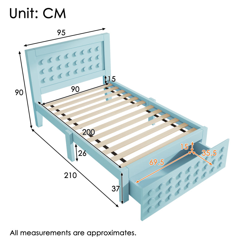 Holzbett Einzelbett 90x200 cm, Kinderbett Jugendbett mit Kreativem Block Design, Massivholz Bettgestell mit Lattenrost, mit Schubladen & Unterm Bett Stauraum, Ohne Matratze