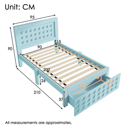 Holzbett Einzelbett 90x200 cm, Kinderbett Jugendbett mit Kreativem Block Design, Massivholz Bettgestell mit Lattenrost, mit Schubladen & Unterm Bett Stauraum, Ohne Matratze