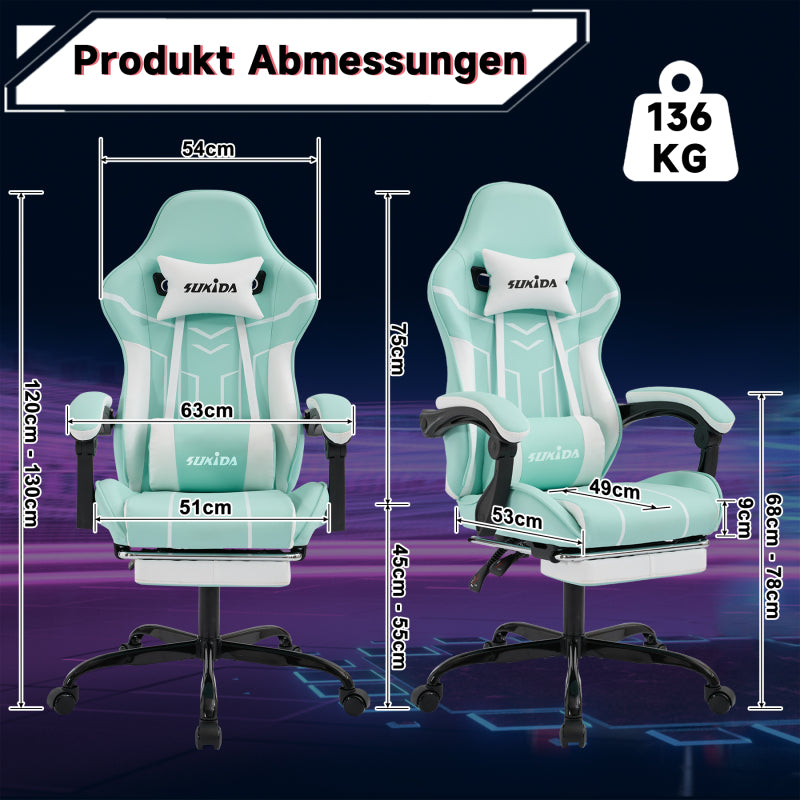 Gaming Stuhl Computerstuhl Ergonomischer Gaming Chair mit Fußstütze Bürostuhl Ergonomischer Computerstuhl mit Lendenwirbelstütze, Mintgrün