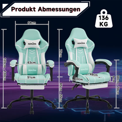Gaming Stuhl Computerstuhl Ergonomischer Gaming Chair mit Fußstütze Bürostuhl Ergonomischer Computerstuhl mit Lendenwirbelstütze, Mintgrün