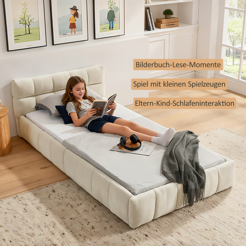 Einzelbett 90*200 cm, Kinderbett mit seidig weichem Chenille - Bezug, quadratischem Steppdesign, Beige (ohne Matratze)