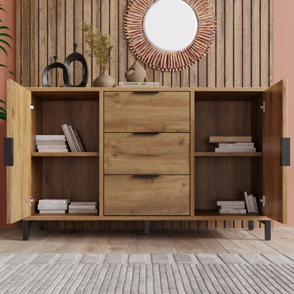 Kommode mit 2 Türen und 3 Schubladen, 120 x 40 x 76 cm in Dunkle Eiche, Verstellbare Ablage, Sideboard Highboard für Schlafzimmer & alle Wohnräume