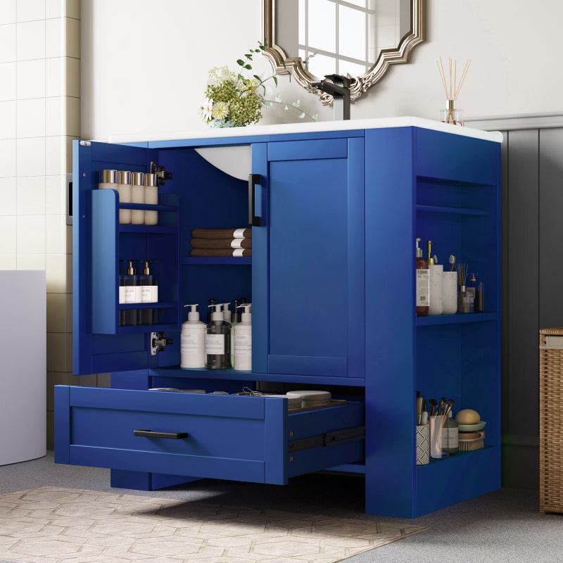 76 x 46 x 78.5cm Bodenstehender Badezimmerschrank, Waschtisch,komplett lackiert, Doppeltürregale, geräuschlose Schubladen, Regale auf beiden Seiten, integriertes Keramikwaschbecken, blau