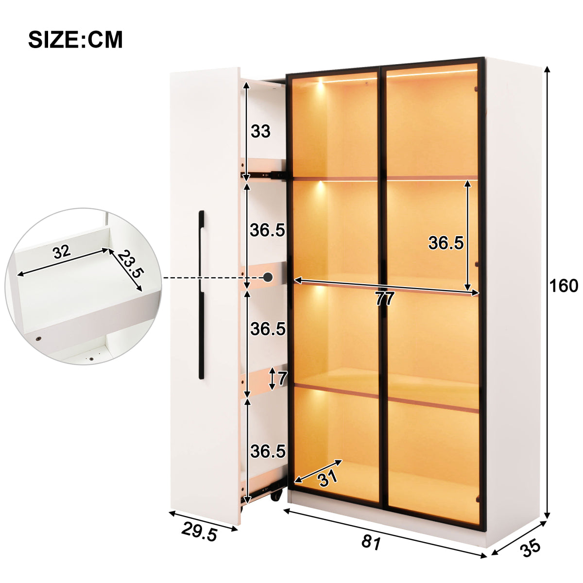 Multifunktionsschrank 110,5x35x160cm - LED-Vitrine mit bernsteinfarbenem Glas, Seitenauszug & Rollen - Weißer Hochschrank im modernen Stil
