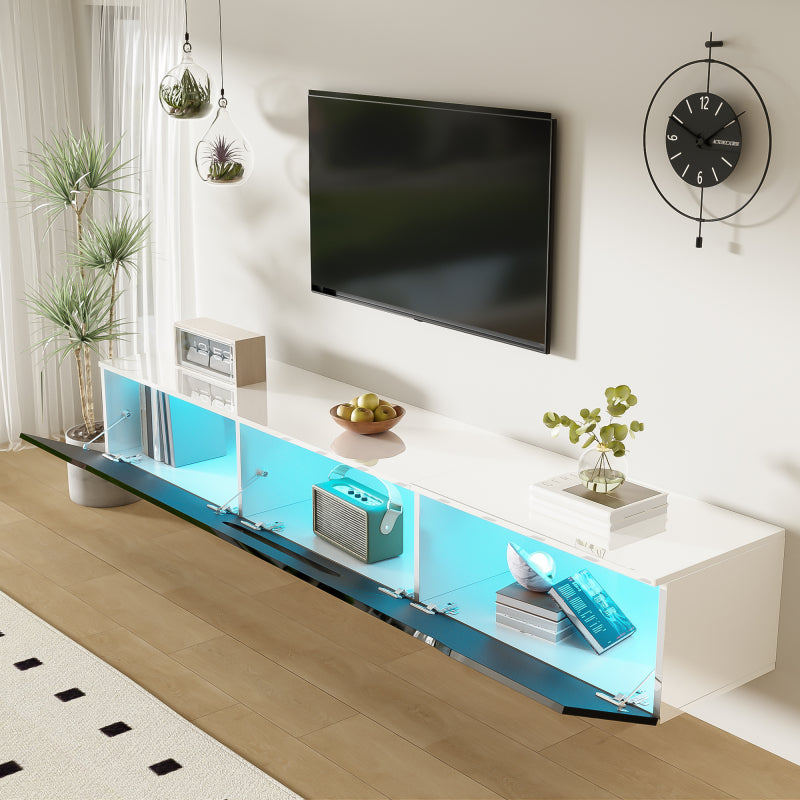 Schwarz-weißer TV-Schrank, 180 cm lang, Hochglanzoberfläche, mit 16-farbiger LED-Beleuchtung, wandmontierbar