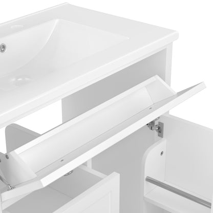 76x46x87cm Bodenstehender Badezimmerschrank mit Waschbeck, Waschtisch,Sprühlackierverfahren,Drei Soft-Close-Schubladen,Türregale,ausklappbare Schublade,integriertes Keramikwaschbecken,Weiß