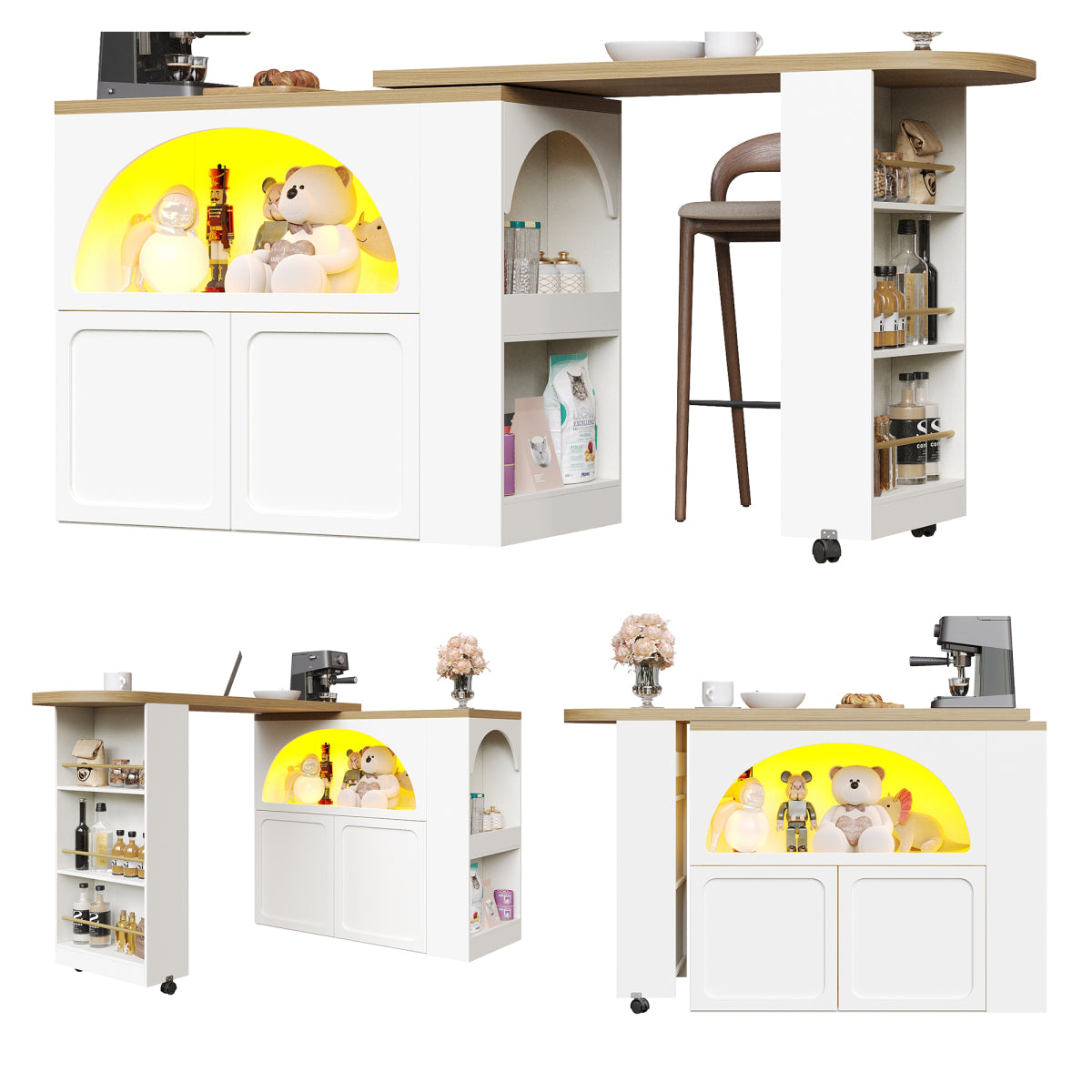 Ausziehbarer Bartisch 135-205cm mit LED & USB, Mobiler Hochtisch Weiß, Teleskop-Kücheninsel mit Stauraum & Soft-Close, Modernes Bogendesign