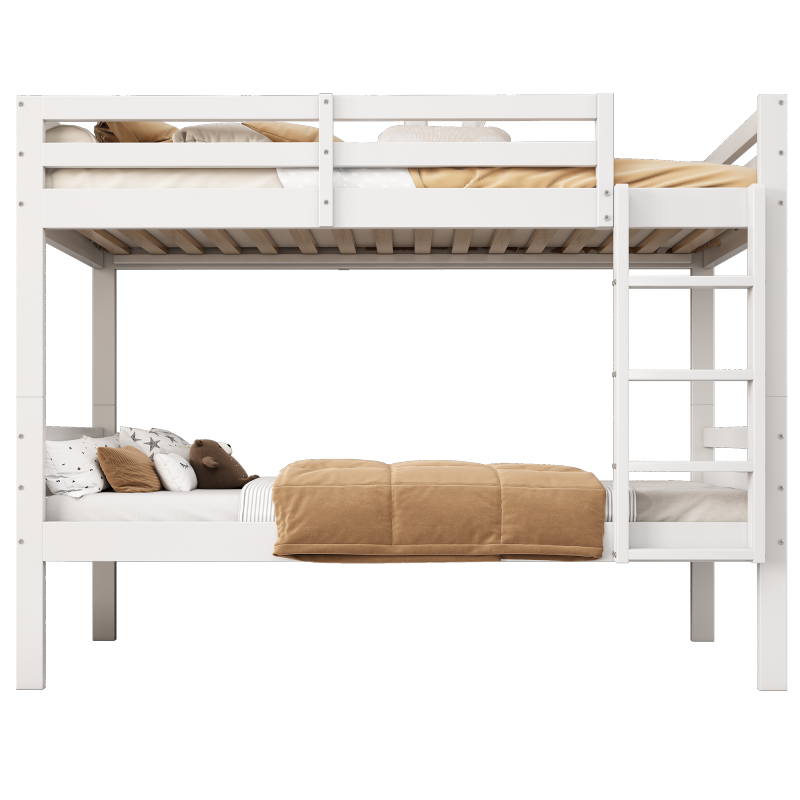 Etagenbett für Kinder, Kinderbett mit dreistufiger Winkelleiter und Absturzsicherung, Bett aufgeteilt in 2 Einzelbetten, Jugendbett, Einzelbett, Rahmen aus Kiefer, Weiß, 90x200cm