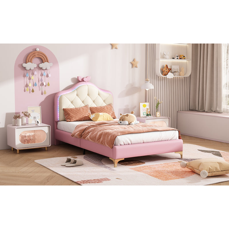 Polsterbett, Einzelbett, Wellenform mit Zugpunkt am Kopfende des Bettes, rosa Schleife, mit mehrfarbigen, wechselnden LED-Streifen, Kinderbett mit Holzlatten, Einzelbett, PU, rosa Bettrahmen, 90x200cm
