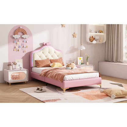 Polsterbett, Einzelbett, Wellenform mit Zugpunkt am Kopfende des Bettes, rosa Schleife, mit mehrfarbigen, wechselnden LED-Streifen, Kinderbett mit Holzlatten, Einzelbett, PU, rosa Bettrahmen, 90x200cm