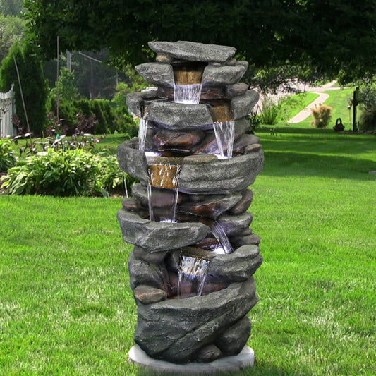 40.5inches High Rocks Outdoor Water Fountain with LED Lights