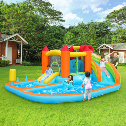 [Multifunktionale Outdoor-Hüpfburg] Mit Gebläse, Wasserrutsche + Trampolin + Basketballkorb + Wasserpistole, 2 Poolbereiche, 1 große und 1 kleine Rutsche, für trockene und nasse Nutzung, ein Wasserpar