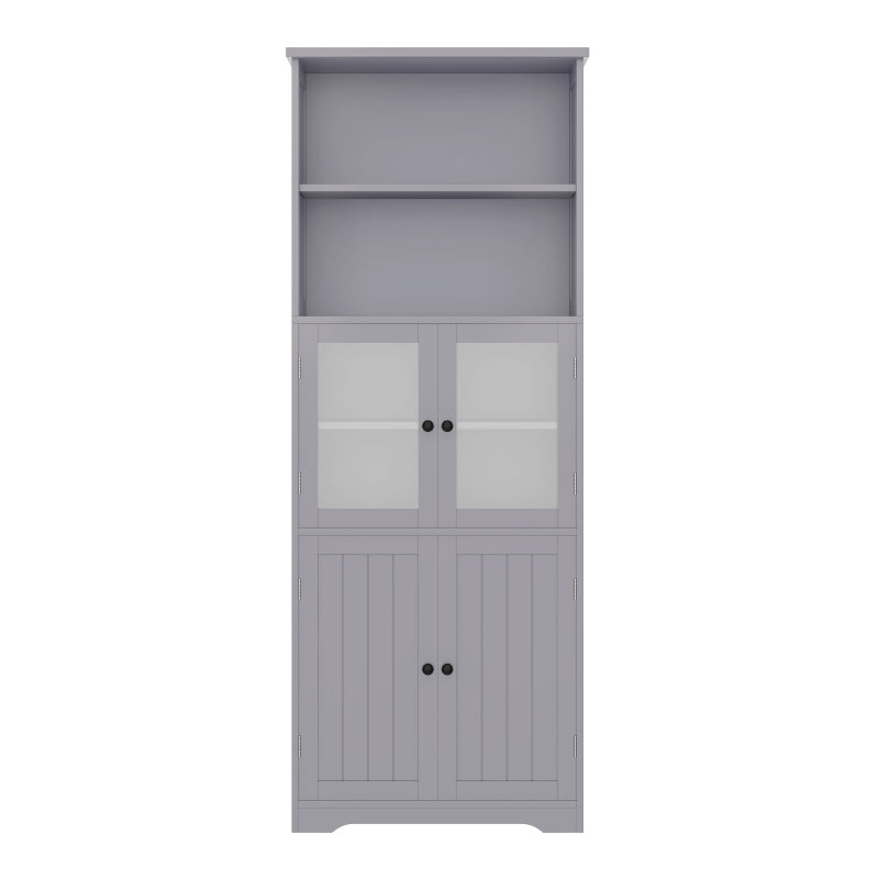 57.5 x 28.5 x 160cm Badezimmer-Hochschrank mit Stauraum, feuchtigkeitsbeständige Farbe, Glasschranktür, Holzschranktür, zwei offene Ablagefächer, verstellbare Trennwände, einfache Textur, Grau