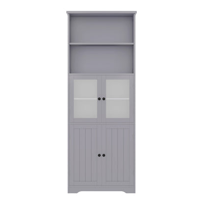 57.5 x 28.5 x 160cm Badezimmer-Hochschrank mit Stauraum, feuchtigkeitsbeständige Farbe, Glasschranktür, Holzschranktür, zwei offene Ablagefächer, verstellbare Trennwände, einfache Textur, Grau