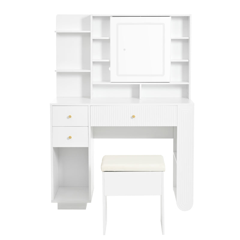 Beleuchteter Schminktisch mit Spiegel & Hocker – Moderner Frisiertisch mit Einstellbarer Helligkeit, Schubladen & Offener Ablage, Weiß, 100×40×138 cm
