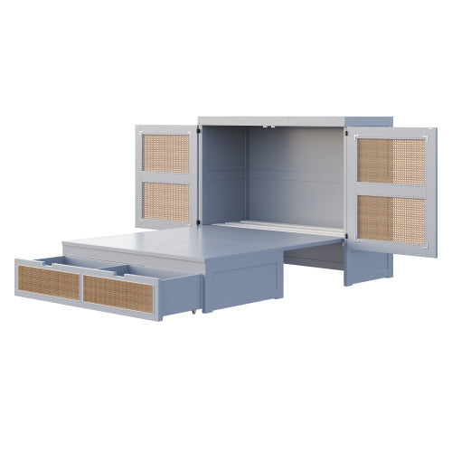 Schrankbett 140 x 200 cm, Wandbett mit Lattenrost, Wandklappbett, Rattan-Design, Holzbetten, Jugendbetten, Einzelbetten, Grau