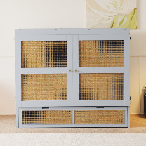 Schrankbett 140 x 200 cm, Wandbett mit Lattenrost, Wandklappbett, Rattan-Design, Holzbetten, Jugendbetten, Einzelbetten, Grau
