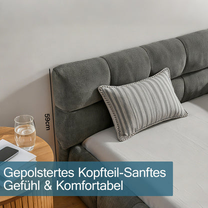 Einzelbett 90*200 cm, Kinderbett mit seidig weichem Chenille - Bezug, quadratischem Steppdesign, Dark Gray (ohne Matratze)