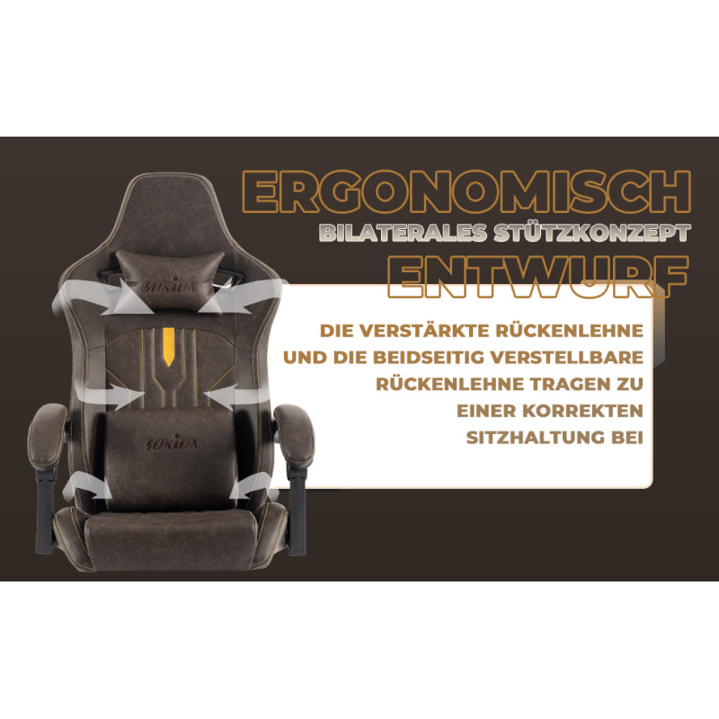 Gaming Stuhl Computerstuhl Ergonomischer Gaming Chair mit Fußstütze Bürostuhl Ergonomischer Computerstuhl mit Lendenwirbelstütze Braun
