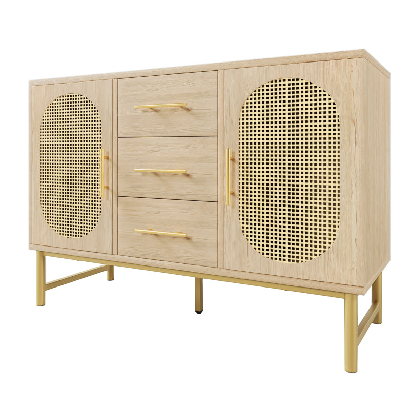 Rattan kommode mit 3-Schubladen und 2-Rattan-Türer,kommode schrank, Schminktisch, für Schlafzimmer und Wohnzimmer, Verstellbare Regale, Kippschutz, 120 x 40 x 74 cm, Sonoma Eiche