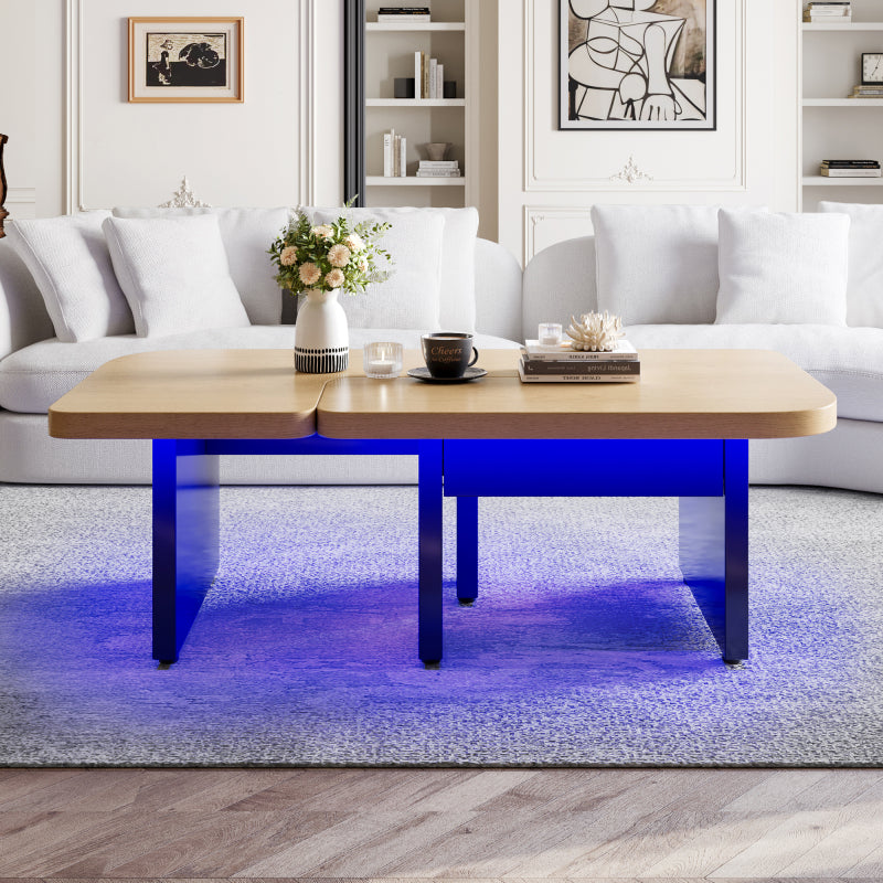 Moderner Couchtisch mit LED-Design aus umweltfreundlichem Holz, 2-in-1-Design, weiche Rundungen, höhenverstellbare Füße