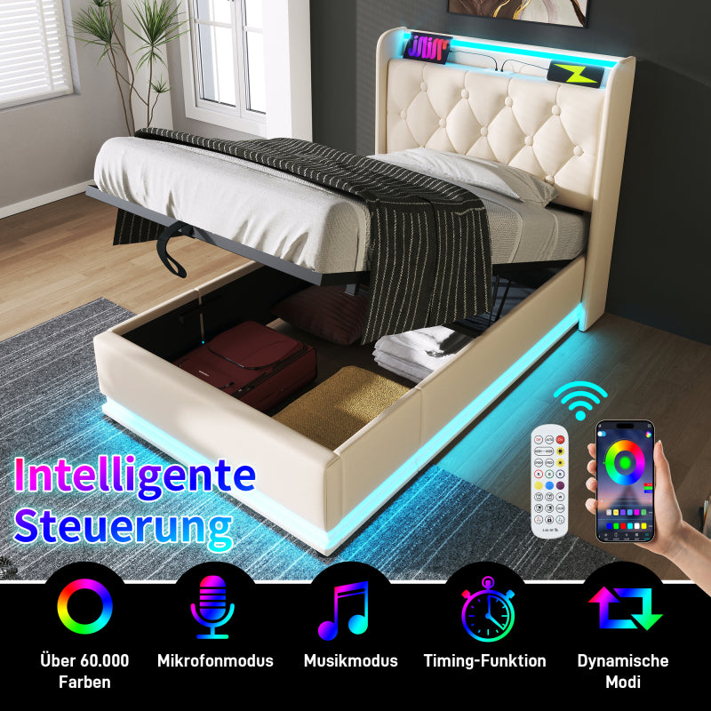 Polsterbett einzelbett, 360-Surround-LED-Funktion, Drucktaste/App/Fernbedienung, 90*200 cm, weiß PU-Material Hydraulisches Lagerbett, gepolstertes Kopfteil mit USB Typ-C Ladefunktion (Mit Matratze)