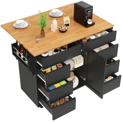 Moderne Kücheninsel, Küchenschrank, Ausziehbarer Küchenwagen mit Rollen und Arbeitsplatte, Servierwagen mit Gewürzregal und 8 Schubladen, Schwarz