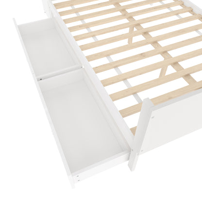 Flachbett, Holzbett, 140x200cm, mit Schreibtisch, ausgestattet mit 2 Schubladen, Doppelbett(Ohne Matratze), mit Regalen, Kiefer + Spanplatte, weiß