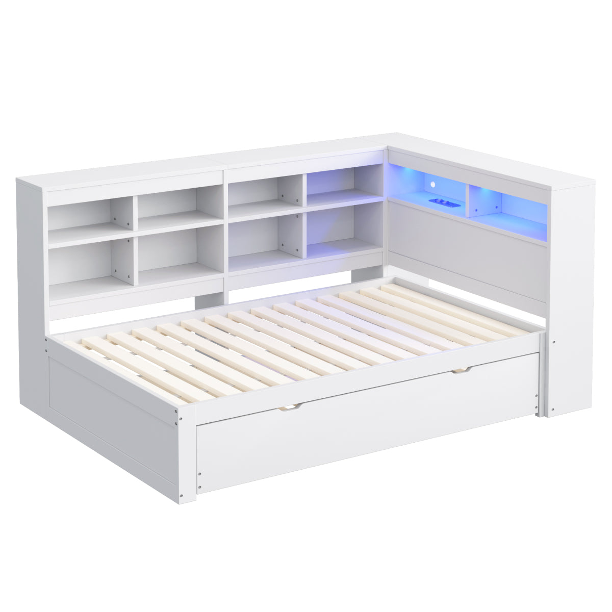 Massivholz-Einzelbett 90x200 Weiß mit Ausziehbett - Multifunktionales Schlafsofa inkl. LED, USB-Steckdose, Regalen & viel Stauraum, Weiß