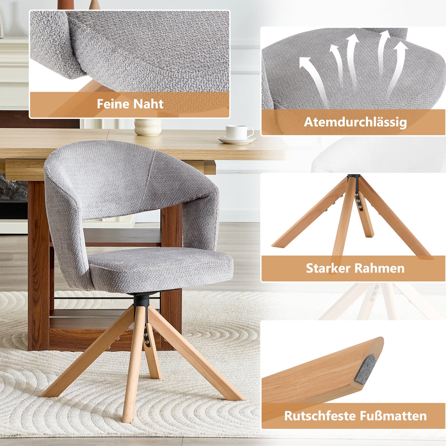 2er-Set Retro-Luxus-Drehstühle Esszimmerstühle aus Strukturstoff Grau mit Massivholzbeinen 360 Grad drehbar gepolstert mit Rückenlehne Höhe 81,5 cm