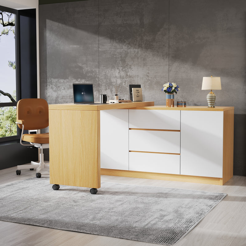Schreibtisch mit feststellbaren Rollen – multifunktionales Design, 4 cm dickere, drehbare Tischplatte, fest arretierbar, weiß/Eiche, Faltbarer Schreibtisch, Eckschreibtisch, Sideboard,Dicke Materialie