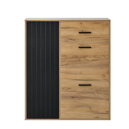 Schuhschrank Schwarz/Natur 80x24x95,5 cm mit 2 Klappen, 1 Tür & Schublade, verstellbare Regale, moderne Griffe