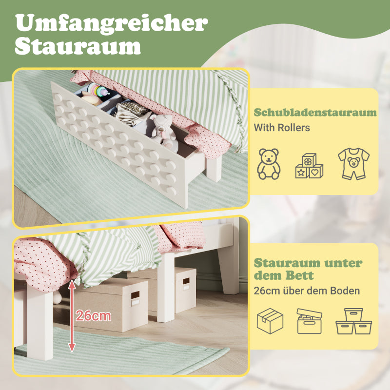 Holzbett Einzelbett 90x190 cm, Kinderbett Jugendbett mit Kreativem Block Design, Massivholz Bettgestell mit Lattenrost, mit Schubladen & Unterm Bett Stauraum, Weiß, Ohne Matratze