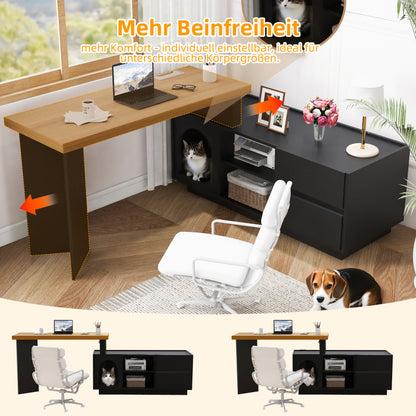 Eckschreibtisch mit integriertem Tierhaus, L-förmig oder einteilig, flexible Montage, Eckschreibtisch für Home Office mit XL-Tierhöhle, Black
