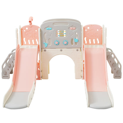 Kinderspielplatz-Set 8-in-1, Freistehendes Meerestier-Motiv-Set mit Rutsche, Bogentunnel, Basketballkorb und Teleskop, Doppelte Rutschen für Kleinkinder, Klettergerüst für Kinder