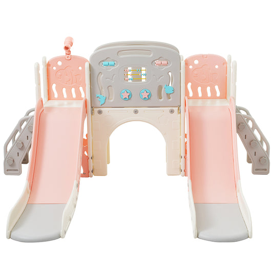 Kinderspielplatz-Set 8-in-1, Freistehendes Meerestier-Motiv-Set mit Rutsche, Bogentunnel, Basketballkorb und Teleskop, Doppelte Rutschen für Kleinkinder, Klettergerüst für Kinder