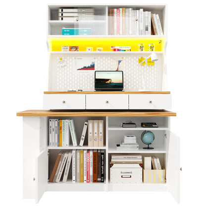 Küchenschrank 137x45x178cm hohes Küchenbuffet mit LED-App-Steuerung, Ausziehbarer Tischplatte & Stecktafel, Mehrzweckschrank MDF Weiß/Holz