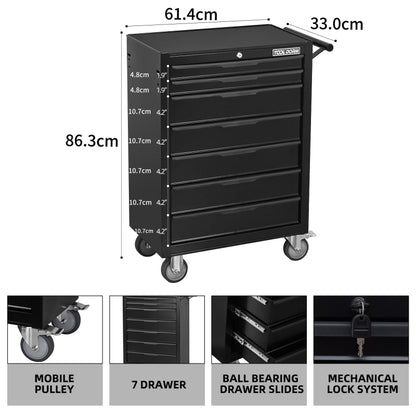 Werkzeugschrank, Werkzeugwagen, 24,2 Zoll, mit 7 Schubladen und Rädern, Werkzeugkasten aus Metall mit Rollen, Schwarz
