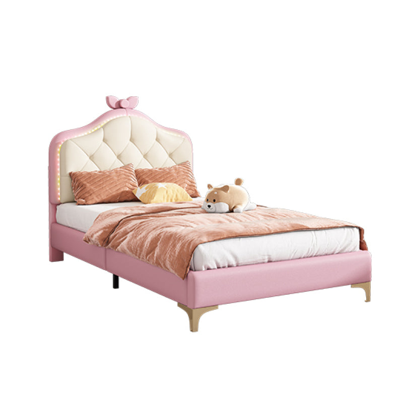 Polsterbett, Einzelbett, Wellenform mit Zugpunkt am Kopfende des Bettes, rosa Schleife, mit mehrfarbigen, wechselnden LED-Streifen, Kinderbett mit Holzlatten, Einzelbett, PU, rosa Bettrahmen, 90x200cm