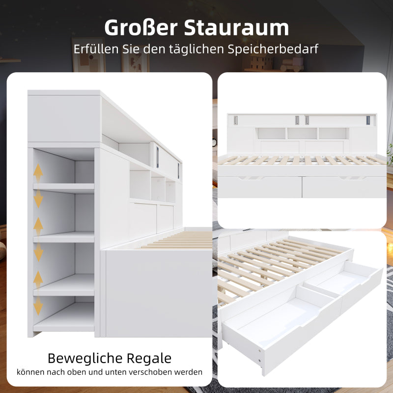 Daybed,Kinderbett,90*200cm,Einzelbett,Multifunktionales Kinderbett mit Schubladen,Bücherregal und Stauschrank,Bettkasten mit Stauraum,ohne Matratze,weiß