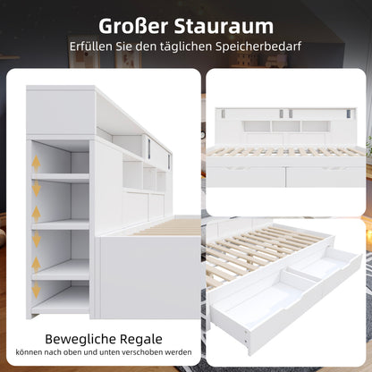 Daybed,Kinderbett,90*200cm,Einzelbett,Multifunktionales Kinderbett mit Schubladen,Bücherregal und Stauschrank,Bettkasten mit Stauraum,ohne Matratze,weiß
