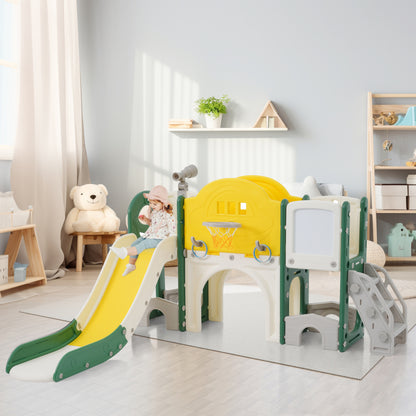 10 in 1 Kinderrutsche Kletterspielzeug, Multifunktionsrutsche Rutschen, freistehende Rutsche, Klettern, Bohrspiel, Stauraum, Spielkorridor, Basketballkorb, Lasso-Spiel, Reißbrett, Golfspiel, Teleskop