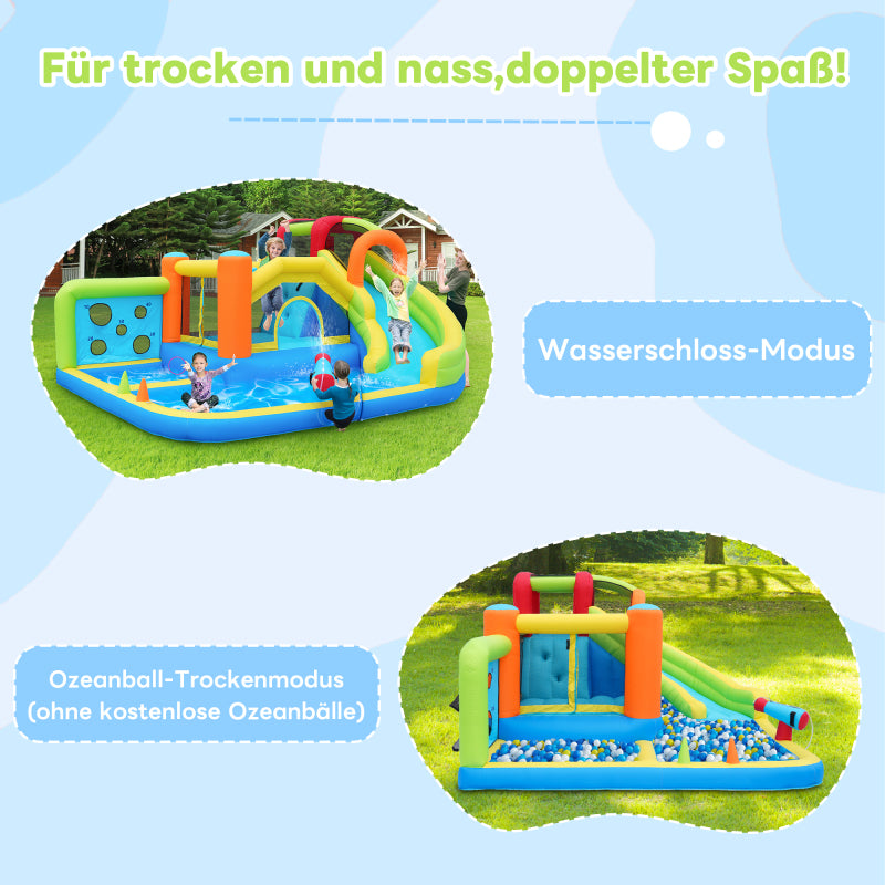 [Ganzjähriger Spielspaß] Hüpfburg mit Gebläse Multifunktionaler Wasserpark+Trampolinpark für Kinder, Inklusive 450W-Gebläse
