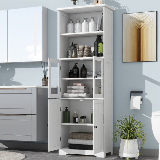 57.5 x 28.5 x 160cm Badezimmer-Hochschrank mit Stauraum, feuchtigkeitsbeständige Farbe, Glasschranktür, Holzschranktür, zwei offene Ablagefächer, verstellbare Trennwände, einfache Textur, weiß