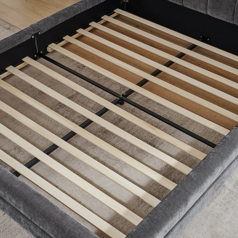 Doppelbett 140×200 cm, Chenille Stoff, komfortable Rückenlehne, robustes Eukalyptus und Eisengestell, einfach zu montieren, Dark Gray (ohne Matratze)