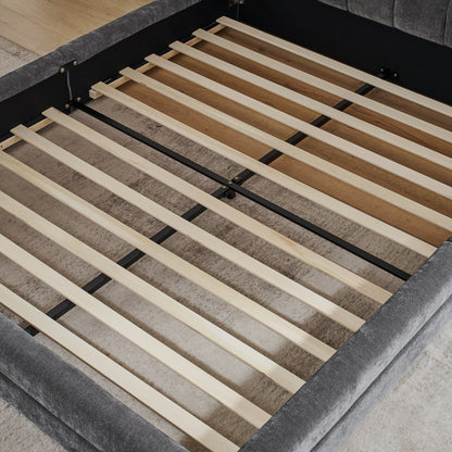 Doppelbett 140×200 cm, Chenille Stoff, komfortable Rückenlehne, robustes Eukalyptus und Eisengestell, einfach zu montieren, Dark Gray (ohne Matratze)