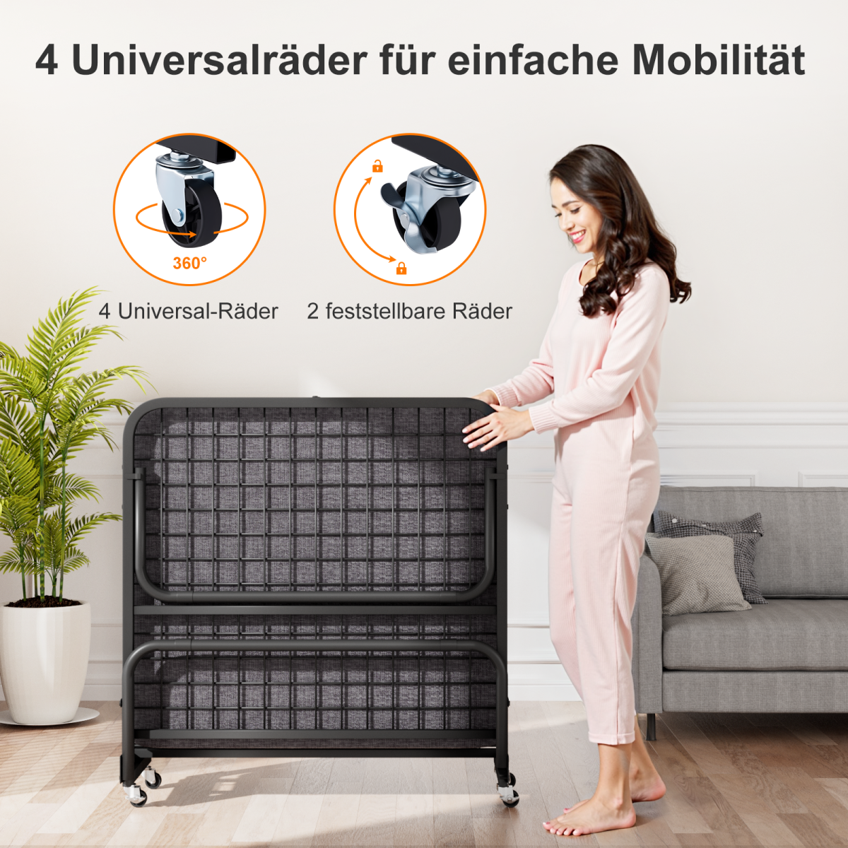 Klappbett 90x190cm mit 10cm Memory Foam Matratze – Faltbares Gästebett auf Rollen bis 150kg, inkl. Staubschutzhülle & Waschbarem Bezug