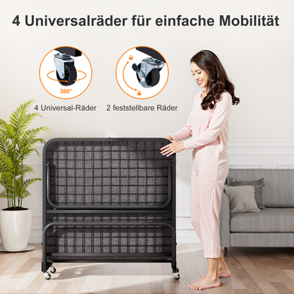 Klappbett 90x190cm mit 10cm Memory Foam Matratze – Faltbares Gästebett auf Rollen bis 150kg, inkl. Staubschutzhülle & Waschbarem Bezug