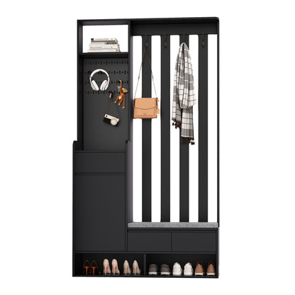 Flurgarderobe mit gepolsterter Aufbewahrungsbank, multifunktionaler Flur-Schuhschrank mit Stecktafel, moderne Garderobe mit 4 Haken für Eingangsbereich, Waschküche, Schwarz,H180/B100/T35 cm