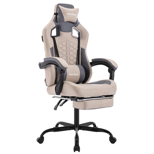 Gaming Stuhl, Ergonomischer Gaming-Stuhl mit Fußstütze, Racing Gaming Chair Kopfstütze Verstellbarer Computerstuhl Höhenverstellbar Lendenwirbelstütze für Homeoffice und Gaming Beige